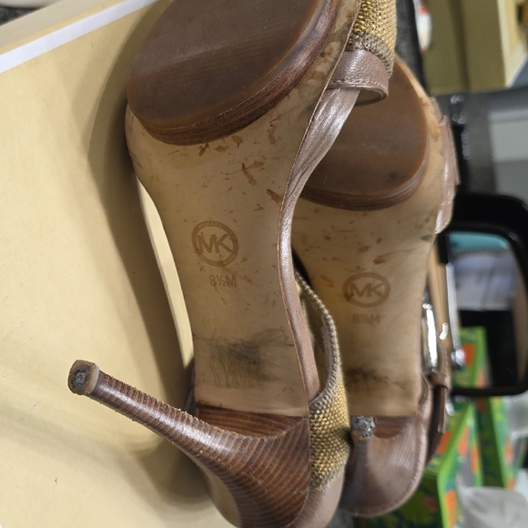 Michael Kors Metallic Gold and Tan Strappy Platform Heels - Picture 4 of 4